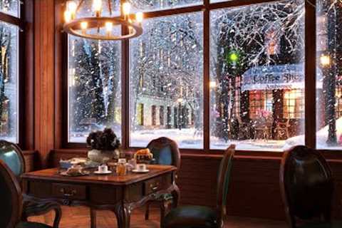 Snow Night on Window at Coffee Shop Ambience with Relaxing Smooth Jazz Music and Snow Falling