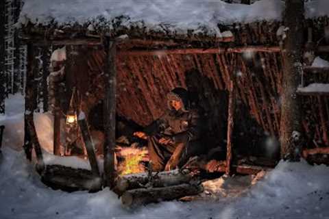 3 Day [Solo Winter Camping] in My Bushcraft Shelter on Deer Skins - Craft Bird Feeder - ASMR