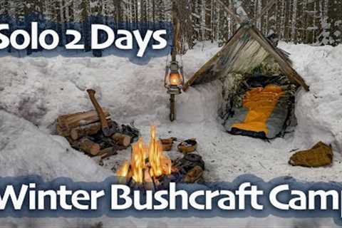 SOLO Two Days WINTER BUSHCRAFT Camp - Shelter in Snowfall - Lavvu Poncho - Spoon Carving