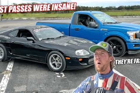 Drag Racing the Whipple F-150 and Rat Rod Supra! They''re WAY FASTER Than We Thought!!!