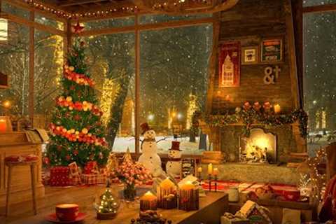 4K Snow Night on Window at Christmas Coffee Shop Ambience ☕ Relaxing Jazz Music to Relax/Study to