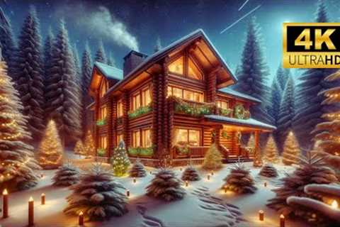 Cozy Christmas Cabin - Snowfall - Christmas Ambiance with Christmas Music - 4K 🎄🌙🎵